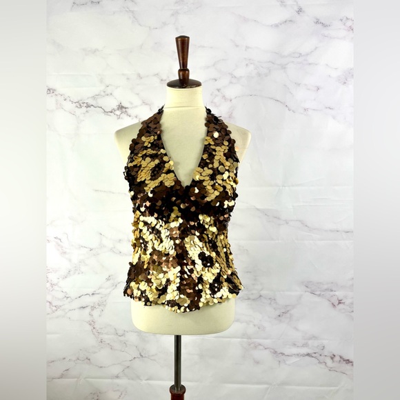 NWT Vintage Citrine Sequin Paillette Halter Top M Bronze Gold Y2K 2000s - Picture 1 of 6